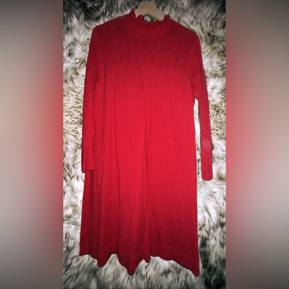 LOFT Red Wool Blend Sweater Dress with Ruffle Collar